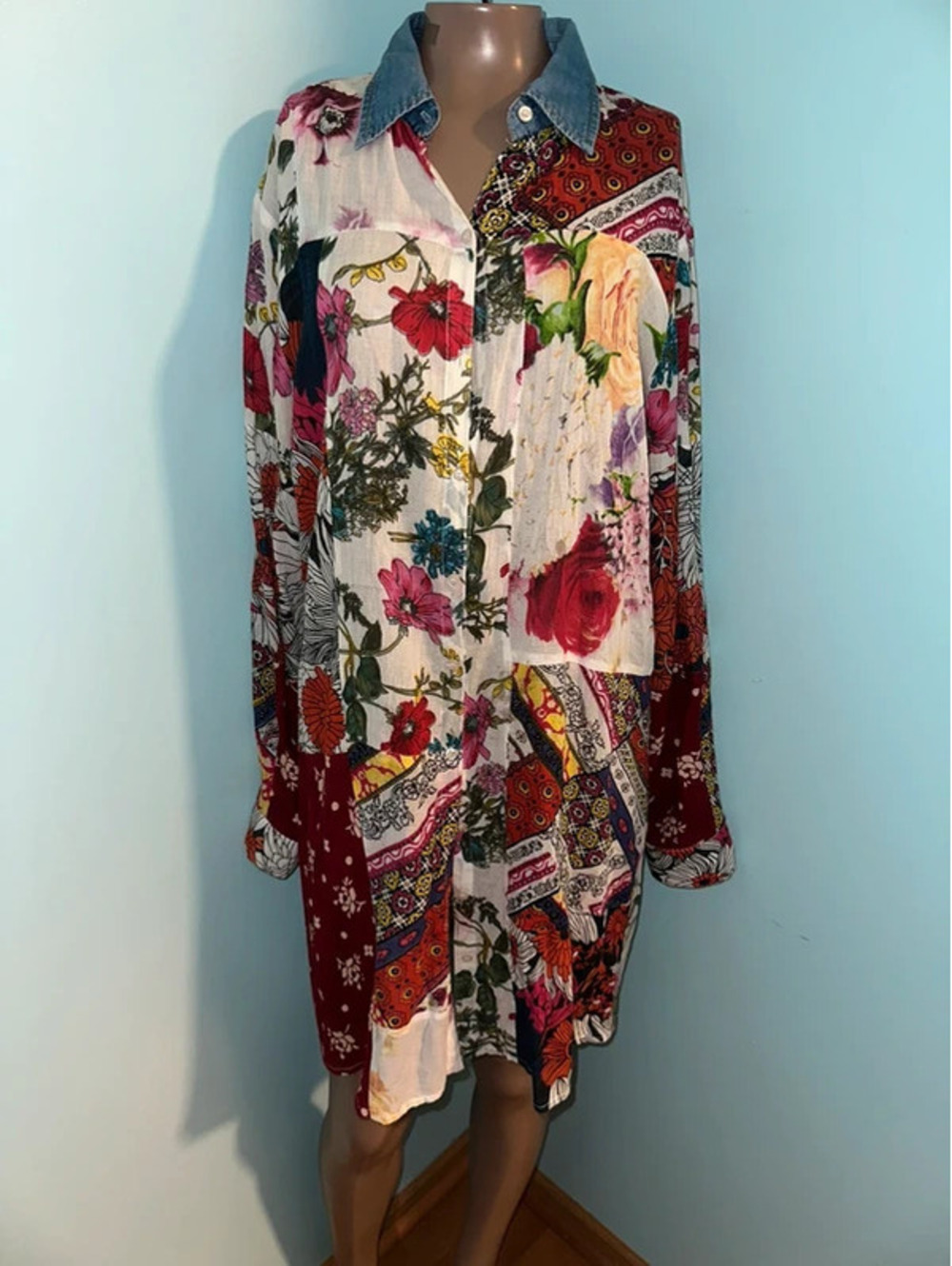 Boho Earthcore Coquette Cotton Patchwork Shirt Dress M